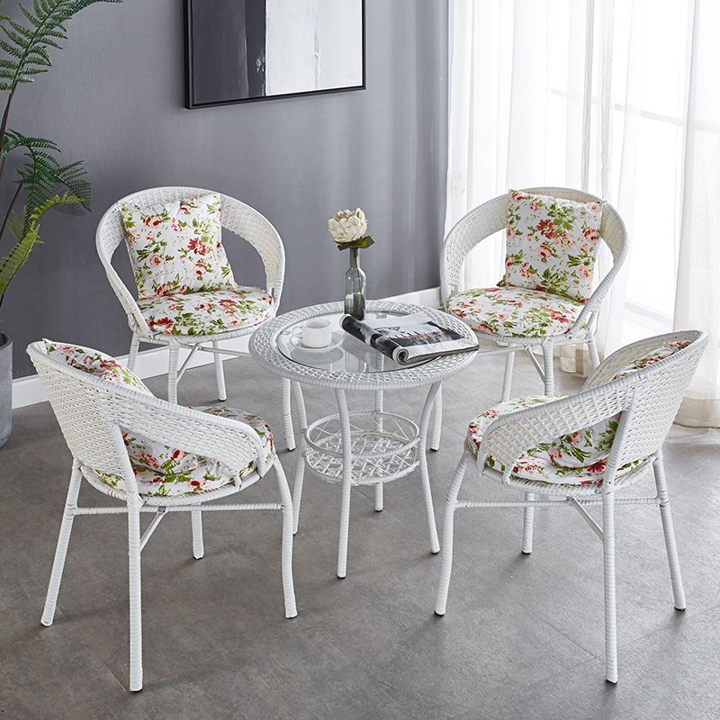 Glass Dining Table Set with Armless Rattan Chair for Courtyard