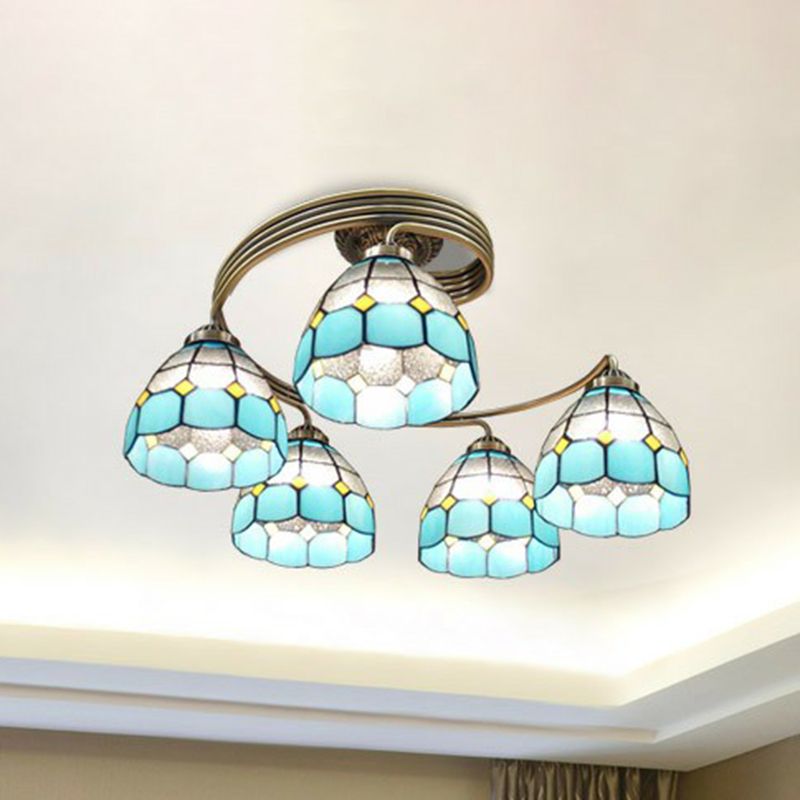 Mediterranean Spiral Ceiling Light Metal Semi Flush Mount Light with Stained Glass Shade
