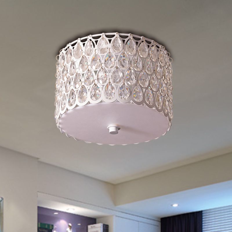 Crystal Round Flush Lamp Simplicity 2 Lights White Ceiling Flush Mount Light with Iron Mesh
