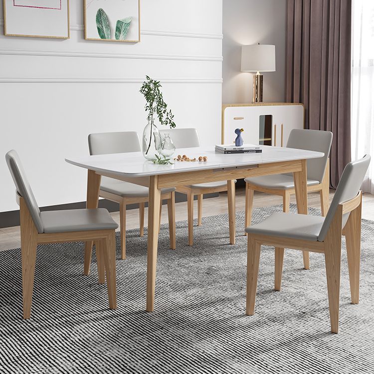 Sintered Stone Top Extendable Table in White Kitchen Table with Ash Wood Base and 4 Legs