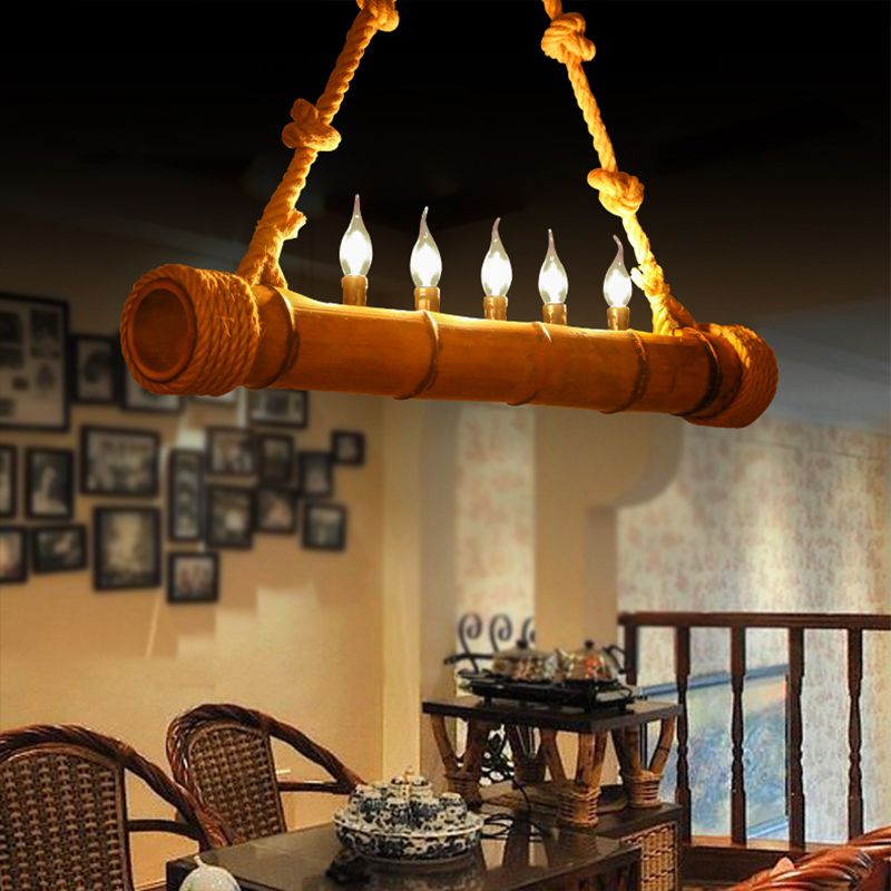 Forme de bambou beige Lumière suspendue avec une bougie 5 lumières Chandelier en bois rustique pour chalet