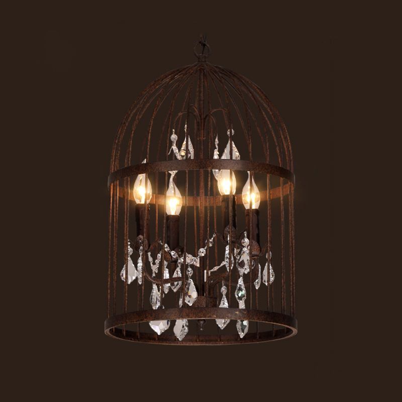 Farm Style Birdcage Chandelier Lamp Metal Pendant Light with Clear Crystal Drapes