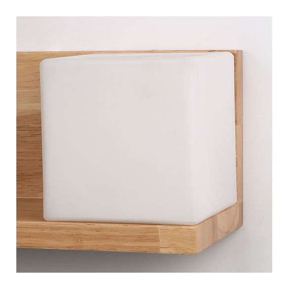 Nordic Style Solid Wood Wall Sconce White Square Glass Shade Wall Mount Light with Hand-pull Switch