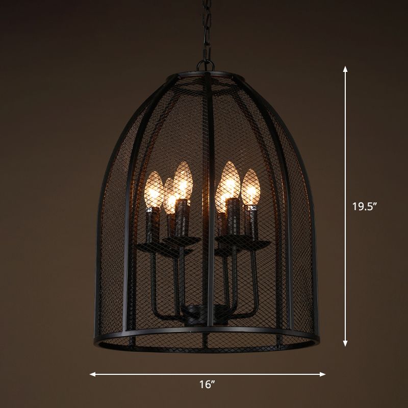 Black Iron Mesh Chandelier Lamp Traditional Metal 6 Lights Living Room Hanging Light