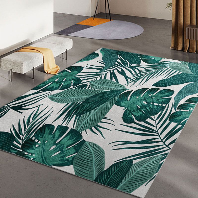 Green Living Room Area Carpet Leaf Pattern Polyester Rug Anti-Slip Backing Area Rug