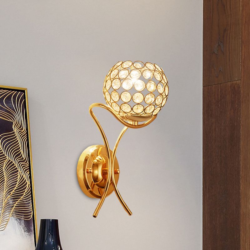 Crystal Encrusted Ball Up Sconce Lighting Modernist 1 Light Wall Mount Lamp in Gold