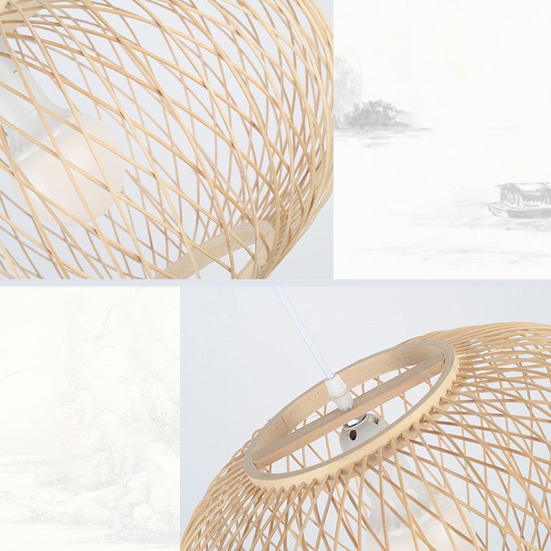 Chinese Round Lantern Ceiling Light Beige Bamboo 1 Light Restaurant Hanging Pendant Lighting