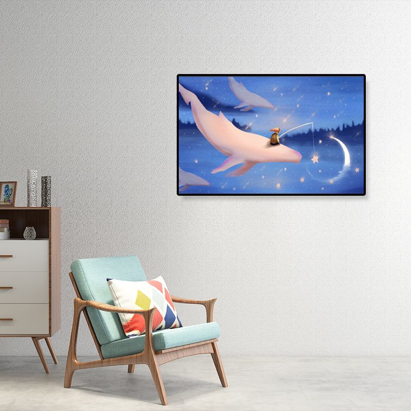 Dreamlike Flying Whales Canvas Art Childrens Bedroom Animal Wall Decor in Soft Color