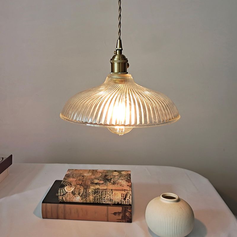 1 kop hangende verlichtingsarmatuur rustieke kom heldere geribbelde glazen hangselverlichting in messing