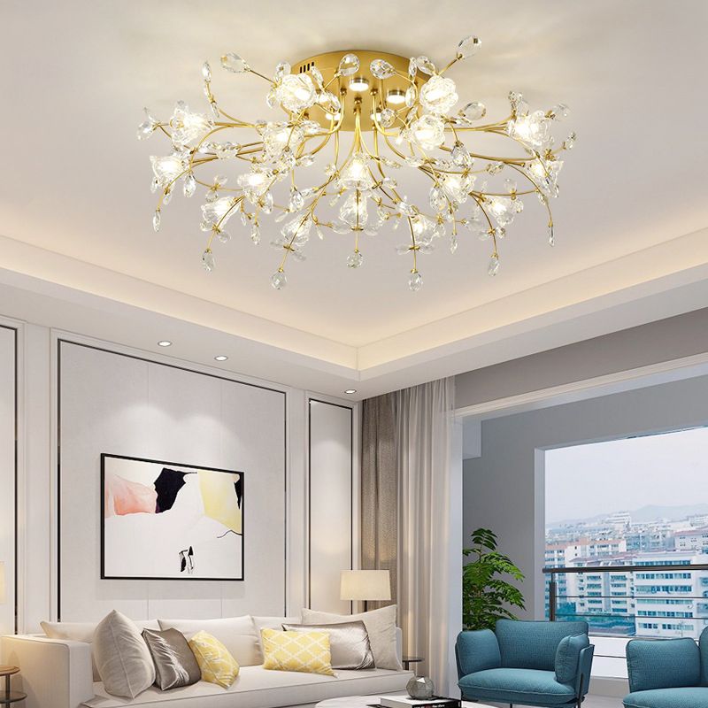 Contemporary Flower-Shaped Flush Light Crystal Flush Mount Ceiling Fixture in Gold
