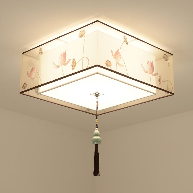 16" Wide 4 Lights Flush Mount Traditional Fabric Flush Ceiling Light in White for Bedroom