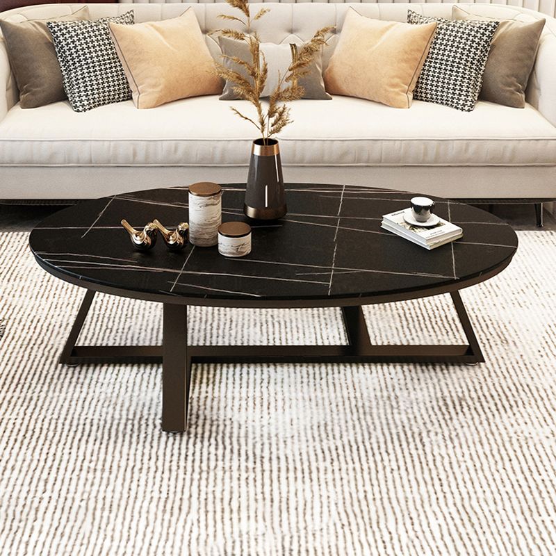 Cross Legs Coffee Table with Stone Oval Top and Iron Base Cocktail Table