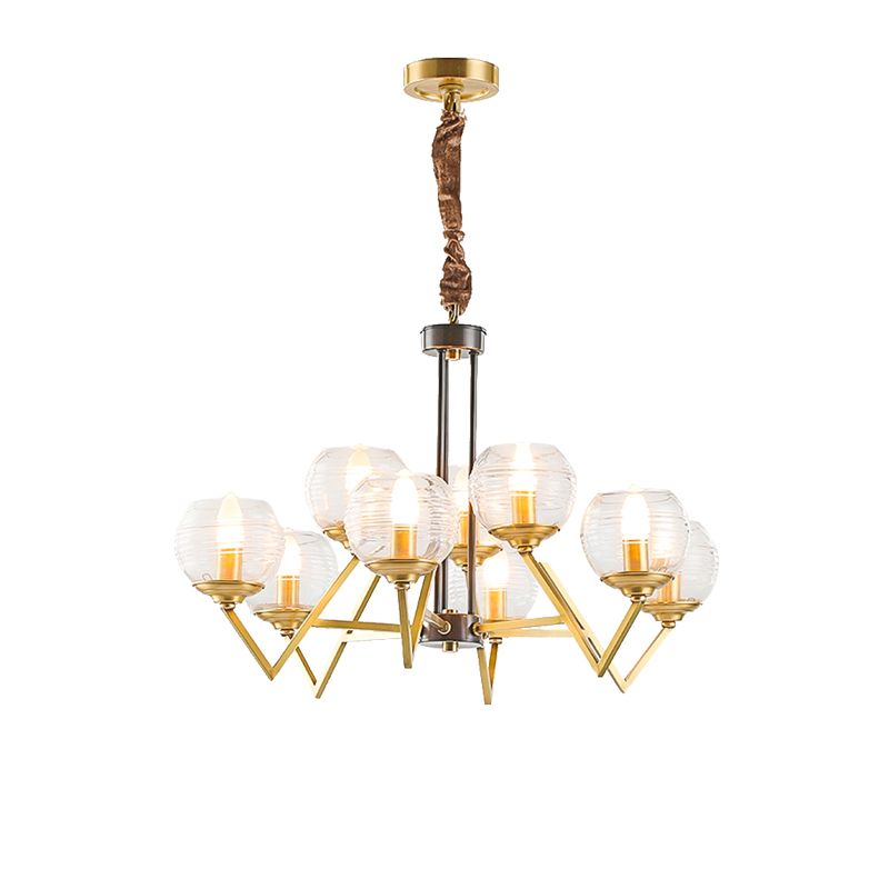 Gold 9/12 Lights Pendant Chandelier Traditional Clear Ribbed Glass Globe Hanging Light for Living Room