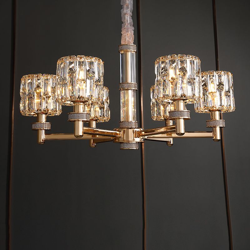 Crystal Cylinder Hanging Light Fixture Minimalistic Gold Ceiling Chandelier for Dining Room