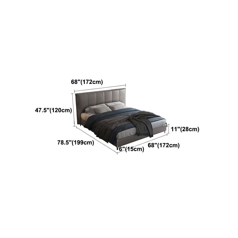 Wooden Modern Grey Bed Frame with Headboard, Genuine Leather Panel Bed