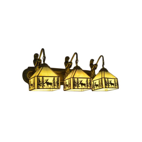 3 Lights Lodge Wall Sconce Rustic Stylish Glass Wall Lamp in Beige with Forest Deer for Restaurant