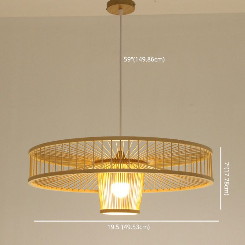 Asian Style Bamboo Weaving Suspension Light Single Bulb Creative Hanging Lighting Fixture in Beige