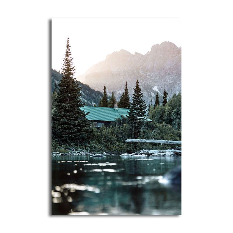 Lienzo decorativo para pared, diseño de río verde y casa de montaña, decoración de pared para el hogar