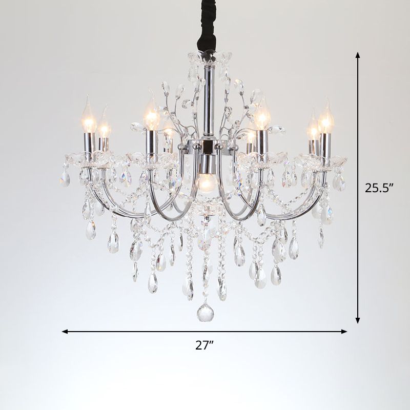 Iluminación de araña de vela de vela de cristal minimalista 9 bulbos de la sala de estar accesorio de lámpara colgante en cromo