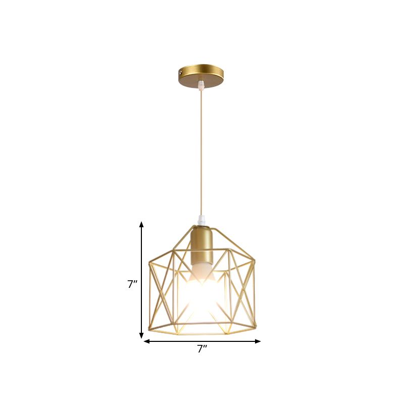 1 Bulb Metal Pendant Light Loft Style Gold Finish Globe/Hexagon Cage Shade Dining Room Hanging Lamp