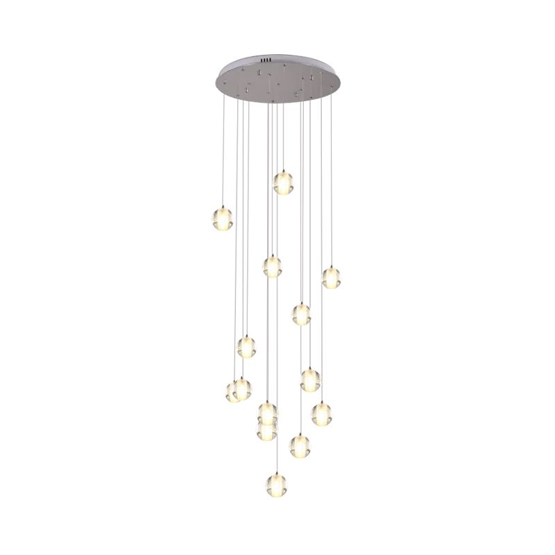 14-Bulb Crystal Cluster Pendant Light Modern White Meteor Shower Stair Hanging Lamp with Round/Linear Canopy