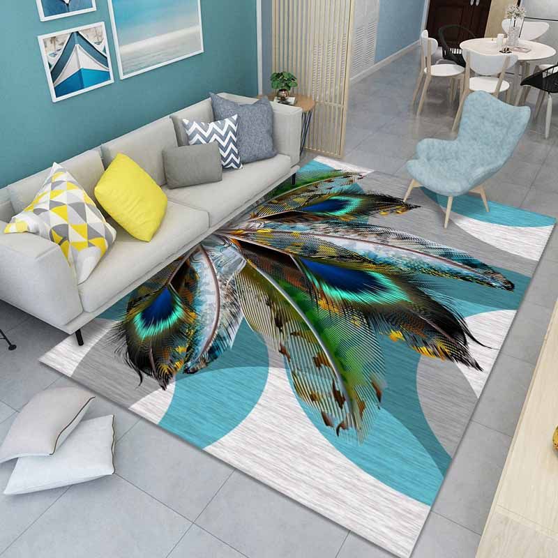 Blue Modern Area Carpet Feather Pattern Polyester Area Rug Non-Slip Backing Rug for Living Room