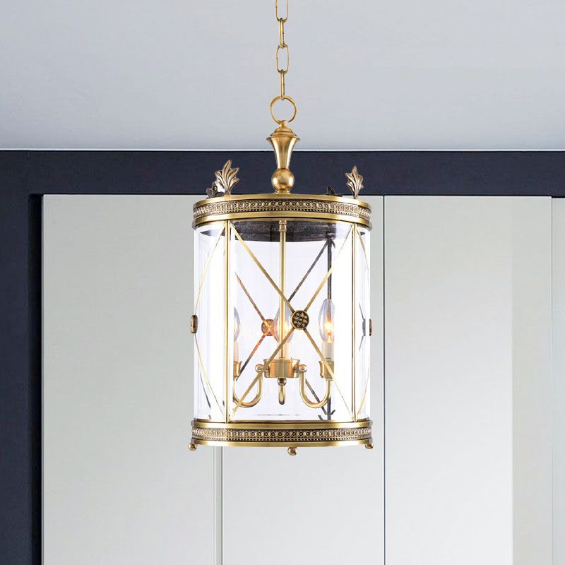 Colonialismo Cilindrico sospeso a sospensione 3 teste limpide il lampadario in vetro Apparecchiatura in oro
