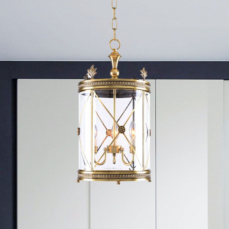 Colonialism Cylindrical Hanging Pendant 3 Heads Clear Glass Chandelier Lighting Fixture in Gold