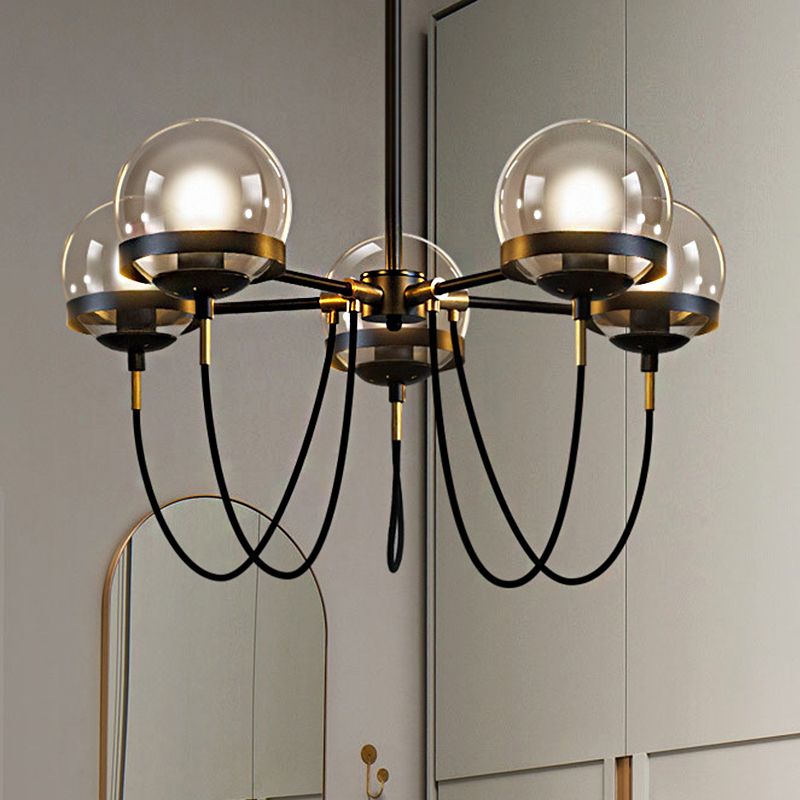Global en verre transparent pendant lustre moderniste multiclaval kit de lumière suspendue noir / or avec nuance de balle en verre fumée intérieure