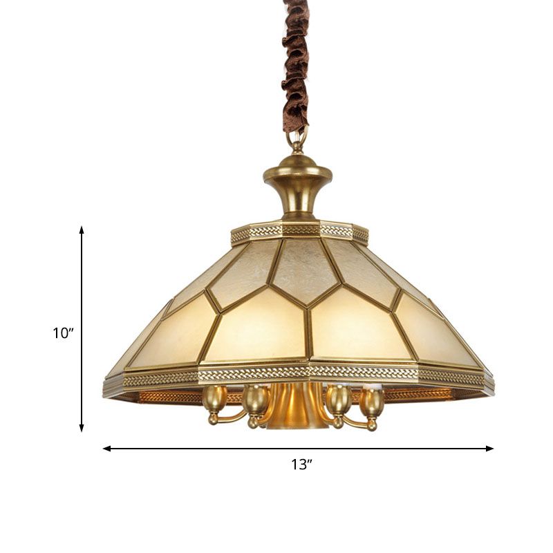 3/7 Lichter Kronleuchter anheizt helles kolonialer konischer Elfenbein -Glas -Federlampe in Gold für Restaurant, 13 "/20,5" W.