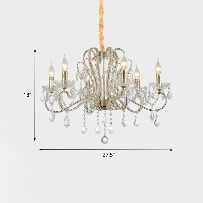 Tradizionalismo candelabra lampadario a 6-bulba a cristallo chiaro lampada appesa con braccio scorretto in metallo