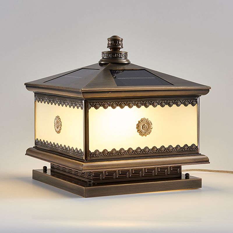 Rectangle Shape Metal Solar Pillar Lamp Modern 1-Light Outdoor Waterproof Light in Bronze