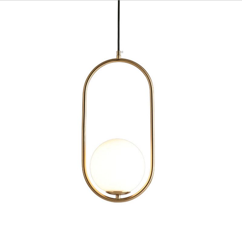 Nordic Modern Opal Frosted Glass Pendant Light Spherical Suspension Light  with Elliptical Metal  Ring for Dining Room
