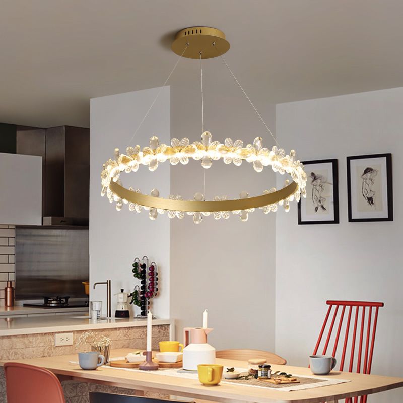 Ultra-modern Circle Hanging Chandelier Clear Crystal Hanging Lamp with Flower Decoration for Restaurant
