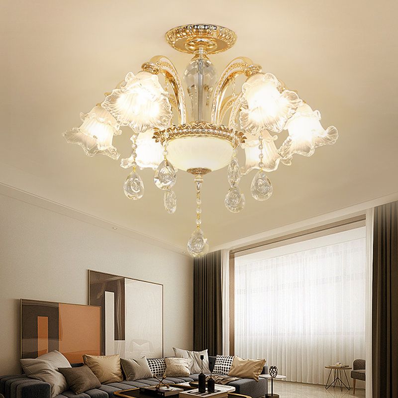 Hand-Cut K9 Crystal Flower Semi Flush Mid Century 6 Lights Bedroom Flush Ceiling Light Fixture in Gold