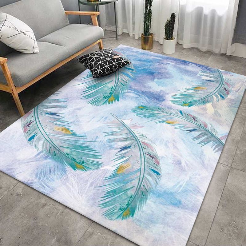 Feather Blue Rug Modern Polyester Indoor Rug Washable Rug for Home Decor