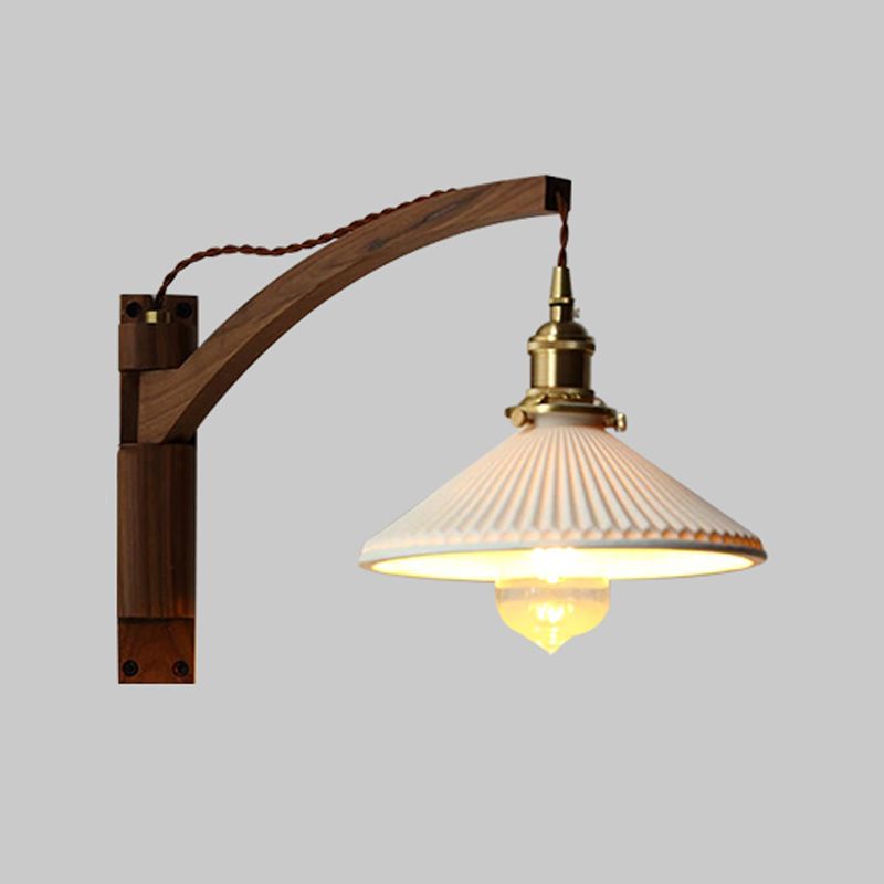 Pleated Shade Wall Lamp Japanese Style Wood 1-Light Rotatable Reading Wall Light