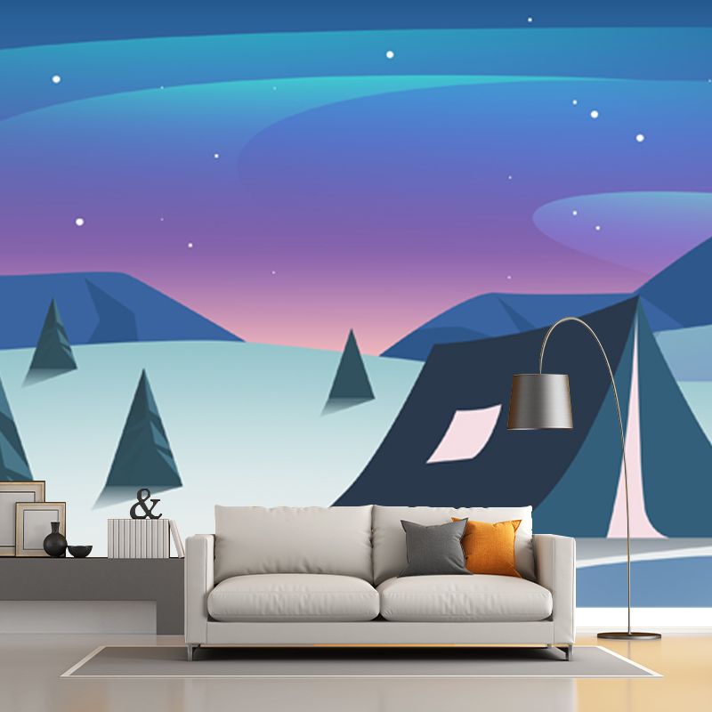Scandinavian Wilds Aurora Mural Decal Blue Bedroom Wall Art, Custom Size Available