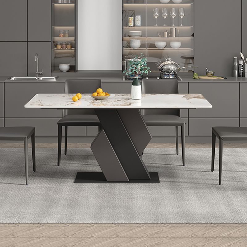 Industrial Sintered Stone Dining Table Rectangle Table with Metal Pedestal Base
