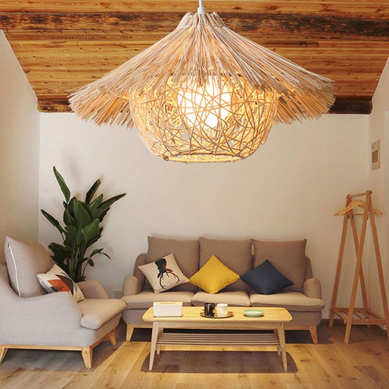 Beige Nest Suspension Pendant Light Asia-Style Rattan Pendant Light Fi