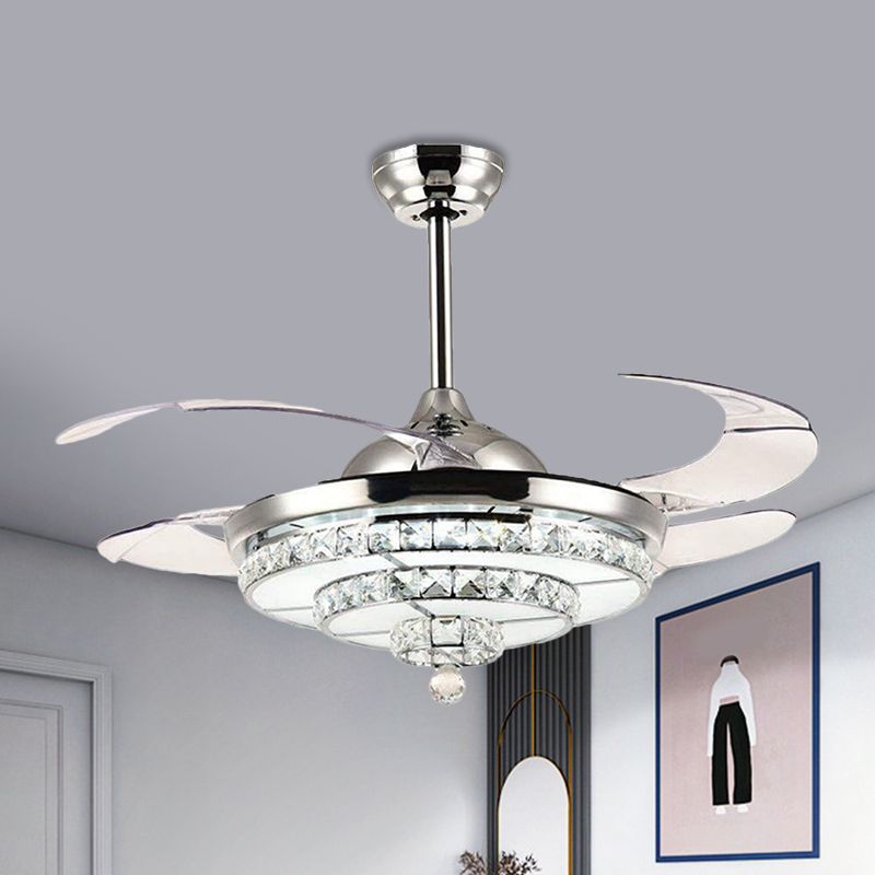 4-Blade-Chrom-LED-LED-Halbflush-zeitgenössische Kristallblock-Deckenlüftungsleuchte, 19 "breit