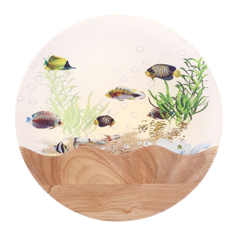 LED Bedside Wall Lamp Asia Style Wood Fish and Undersea Plants Wall Mural Light with Circular Acrylic Shade