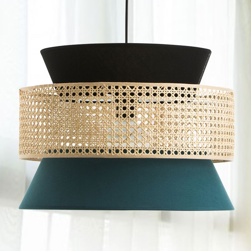 Hourglass Restaurant Ceiling Hang Fixture Fabric 1 Light Modern Pendant Light in Black and Blue with Rattan Decor