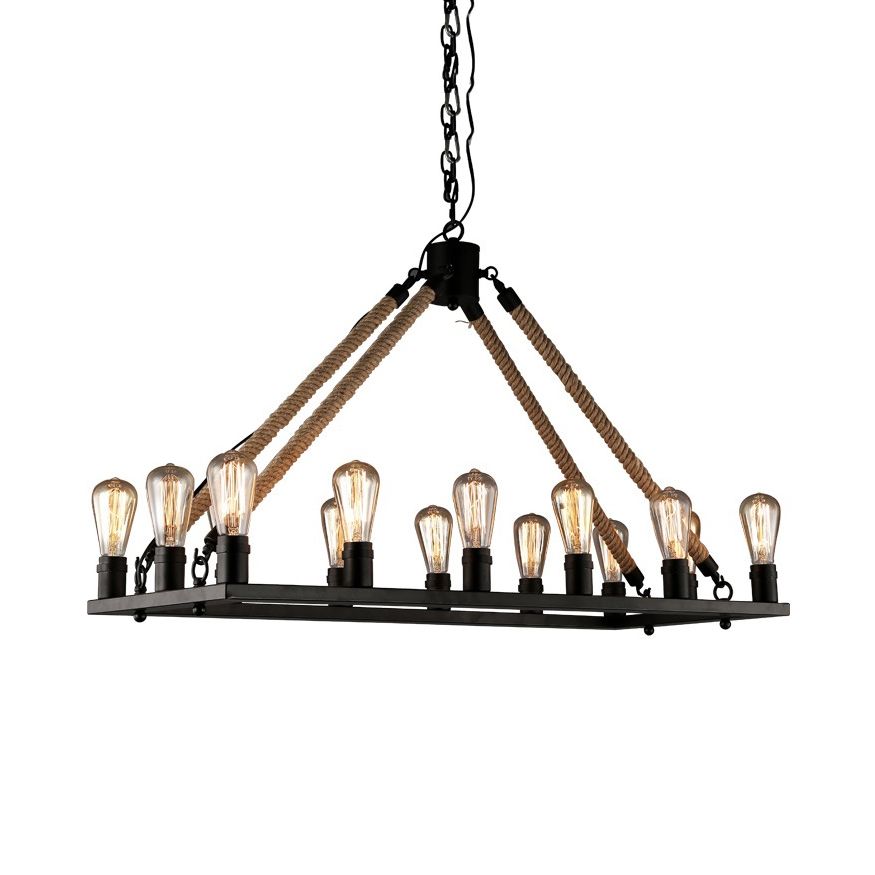 10/14 Lights Rectangle Hanging Lamp with Open Bulb Loft Style Black Metallic and Rope Island Lighting