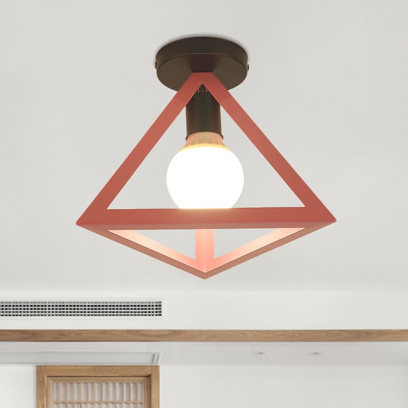 Loft Style Triangle Ceiling Fixture with Cage Shade 1 Bulb Metallic Semi Flush Mount Light in Black/Red