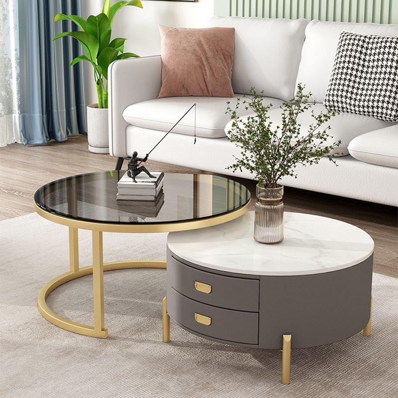 Modern Wooden 4 Legs 2 Coffee Table with Storage Round Table