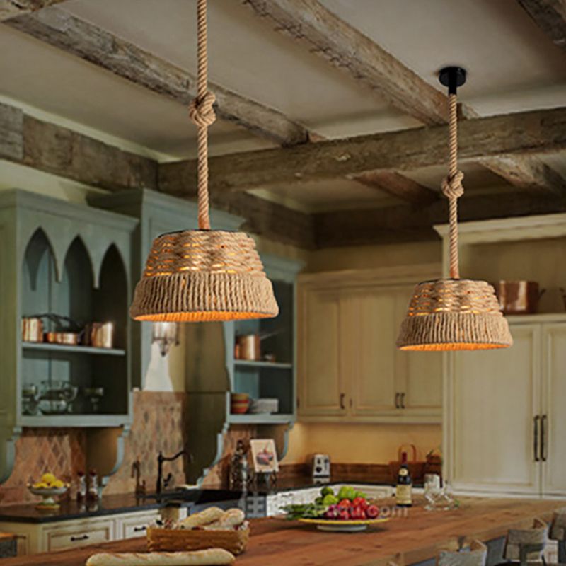 Rustic Bowl Ceiling Light Beige Hemp Rope 1 Light Restaurant Hanging Pendant Lighting