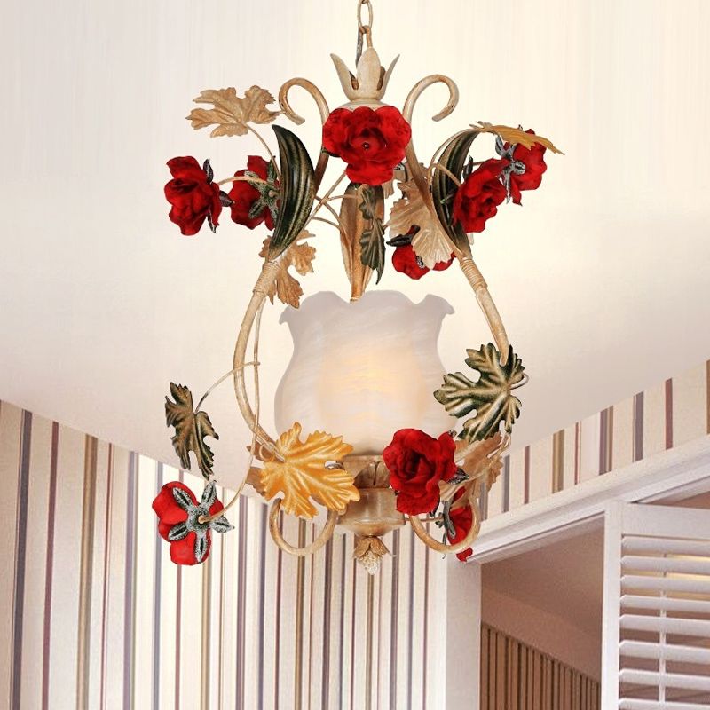 Single Bulb Suspension Lighting Korean Flower Scrolled Arm White Glass Hanging Pendant