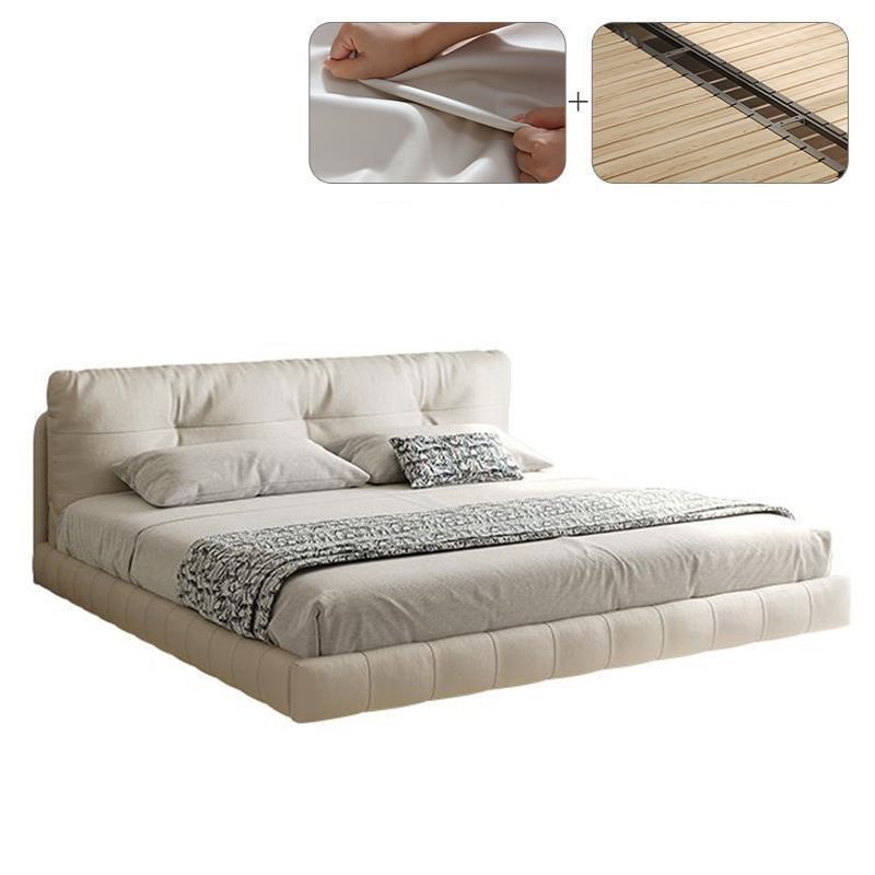 Genuine Leather Upholstered Platform Bed Light Beige Bed Frame