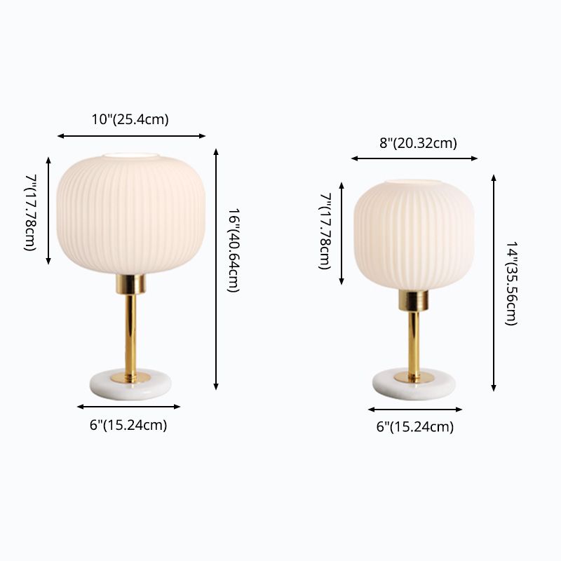 White Ribbed Glass Drum Shade Night Lamp Minimalist 1 Bulb Gold Table Light with Marble Base
